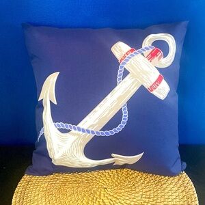 NWOT Blue White and Red 100% Polyester Anchor Nautical Pillow 14"
